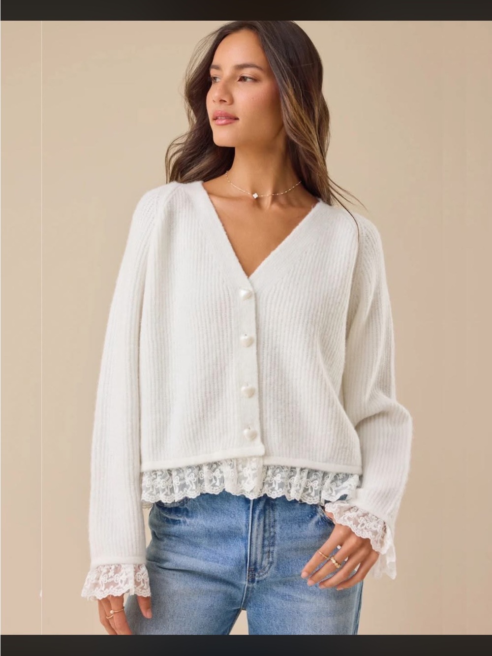 Altar'd State White V-Neck Lace-Hem Button Cardigan